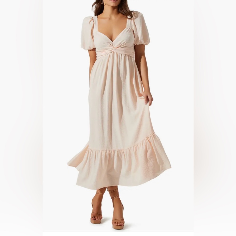 Tie Back Puff Sleeve Midi Dress, cream, size medium